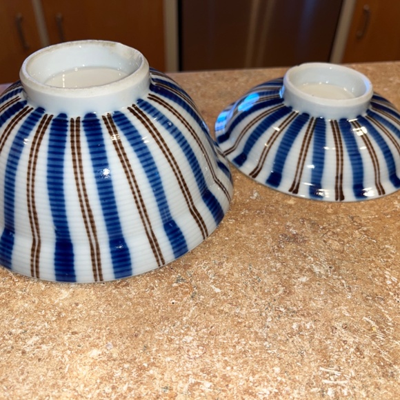 Japanese lidded Rice / Soup Bowl Set Striped Blue Brown - Picture 10 of 11